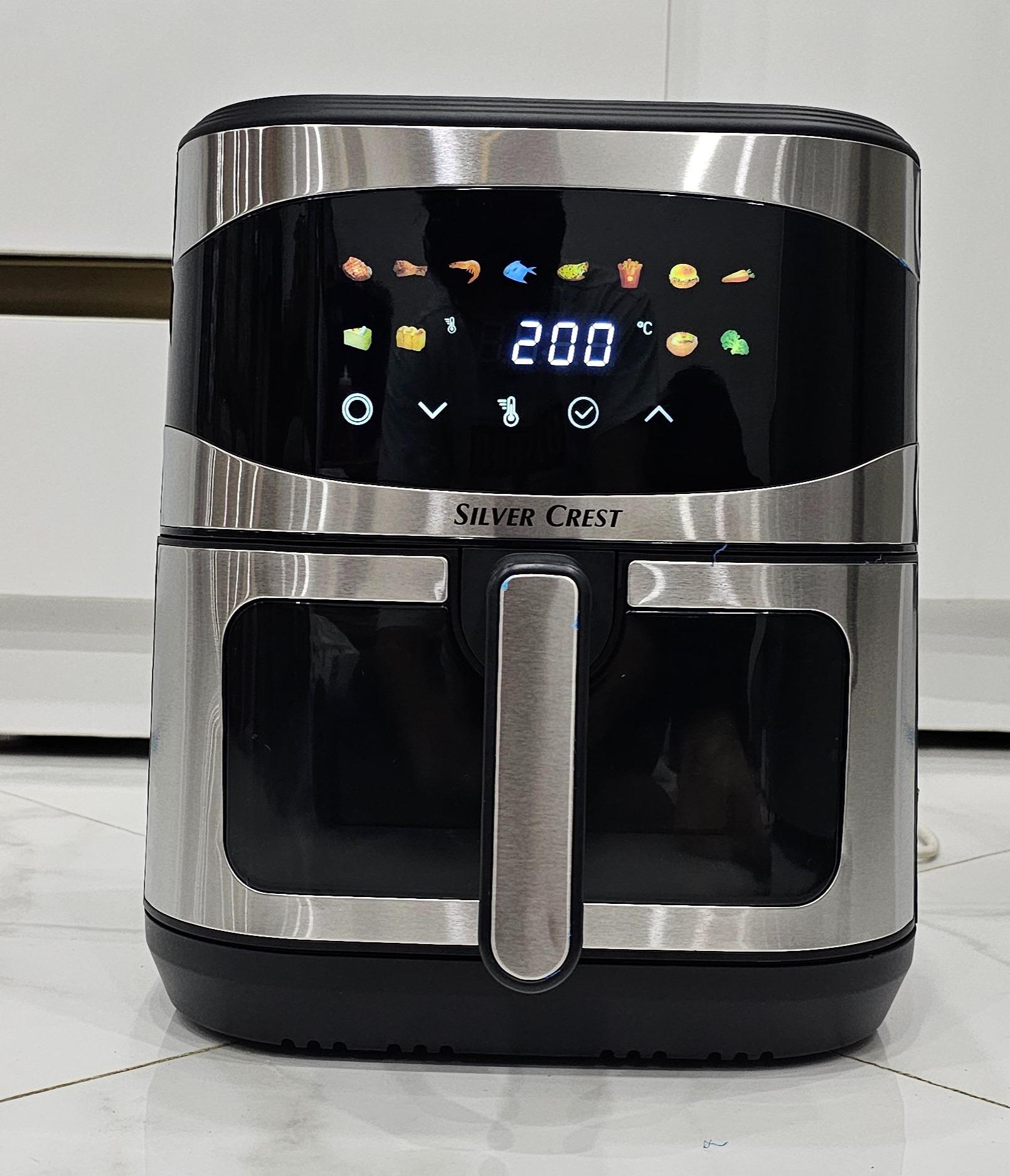 تصویر سرخ کن بدون روغن سیلورکرست مدل XL-6094-g وات ۲۴۰۰ دو المنت ظرفیت 15 لیتر بسکت جلو شیشه Fast & Healthy Cooking – SilverCrest Dual Heater Air Fryer